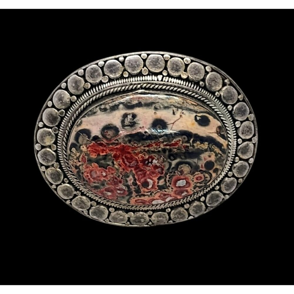 Vtg 925 Sterling Silver Leopard Jasper Brooch Pendant Picture Stone Red Brown